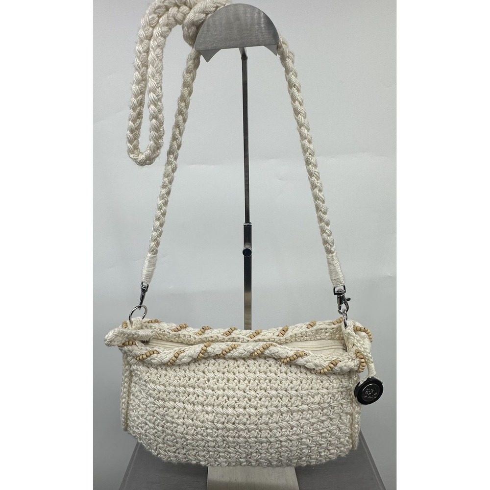 The Sak Chrochet Cream Woven Shoulder Bag Wood Trim Bead Detail Boho Charm
